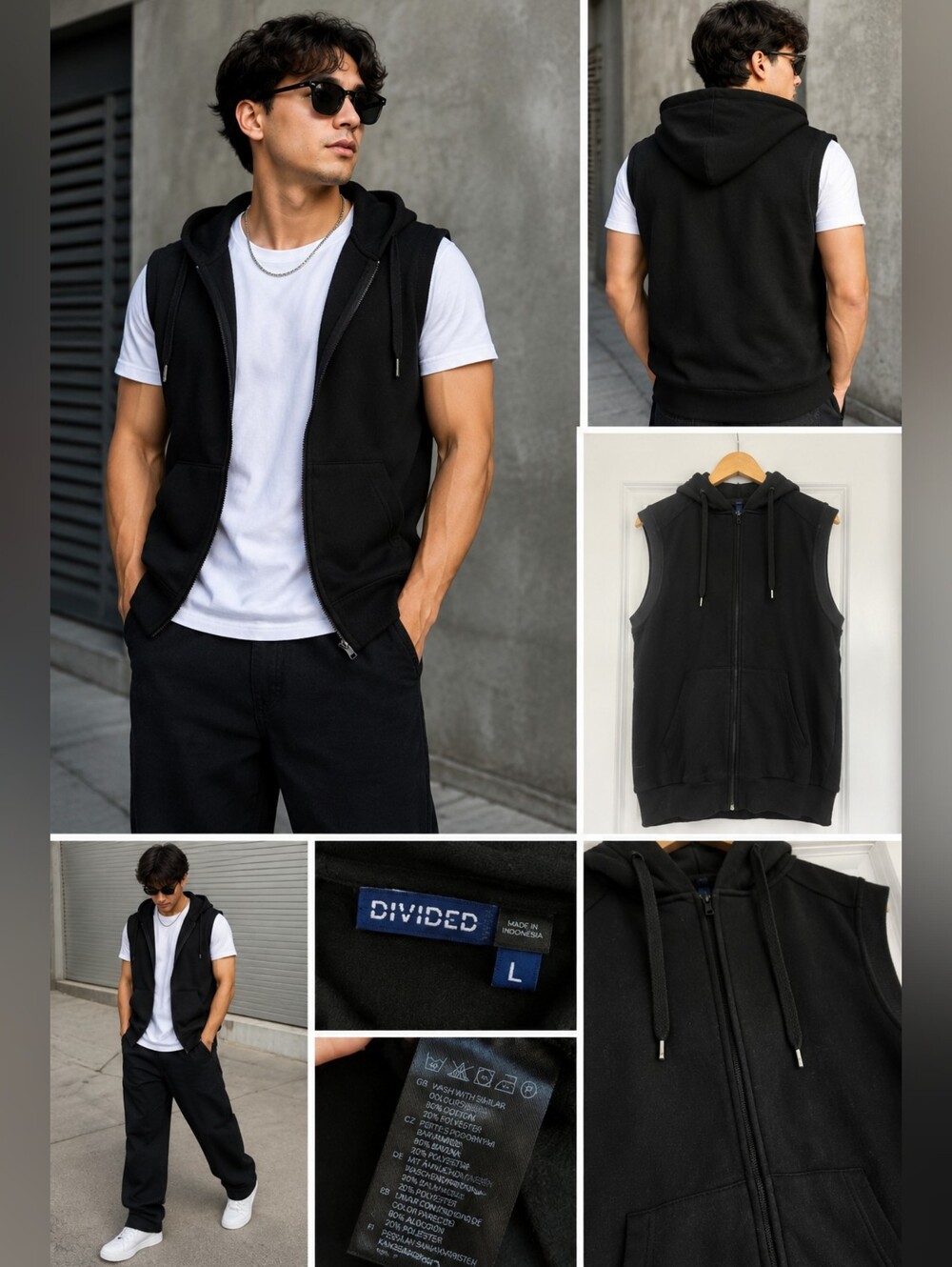 H&M Divided Black Sleeveless Zip-Up Hoodie Vest Size L - Picture 2 of 8